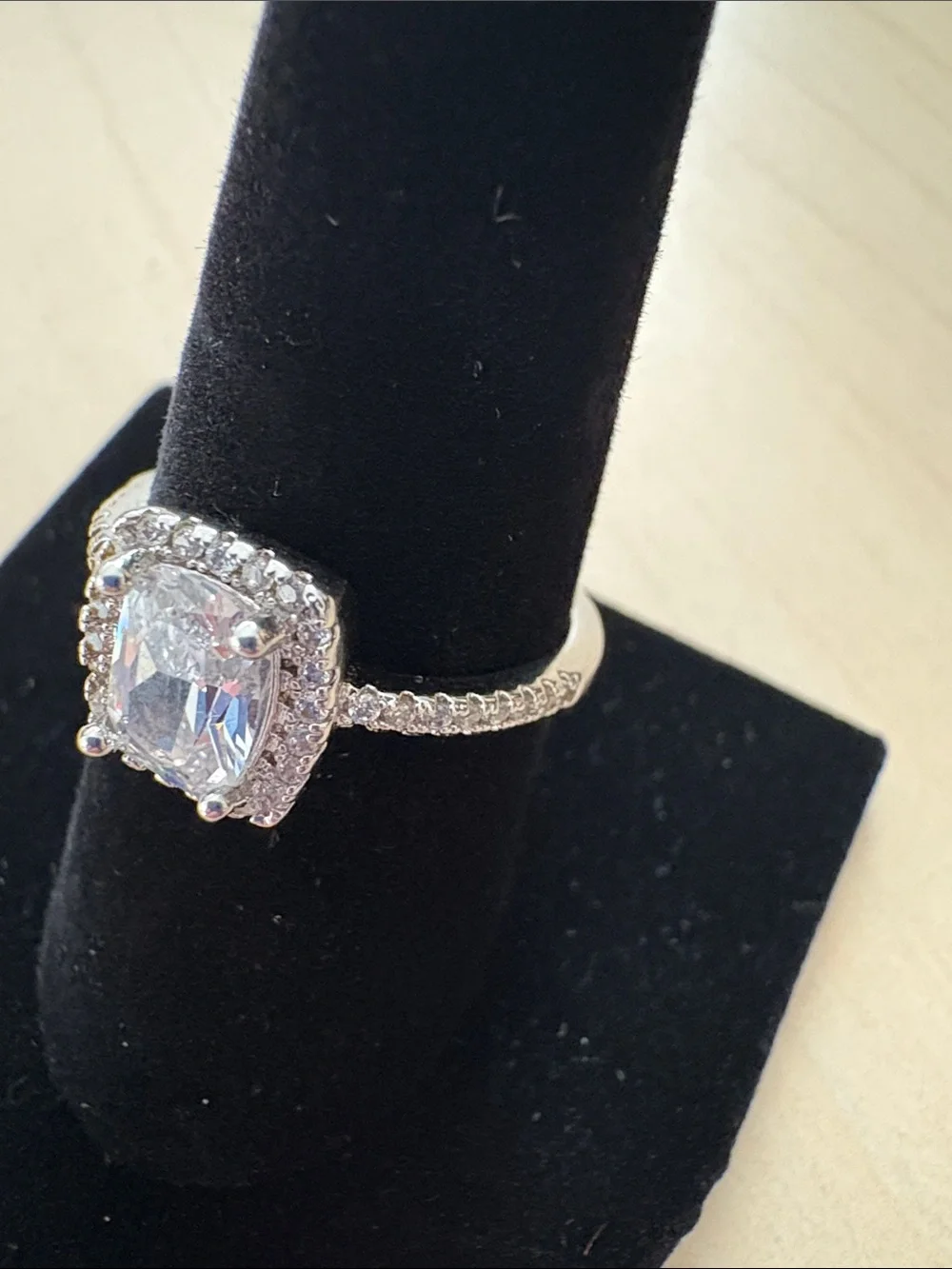 925 Silver Cushion Halo Solitaire Ring in White with Pavé Band - Picture 4 of 4